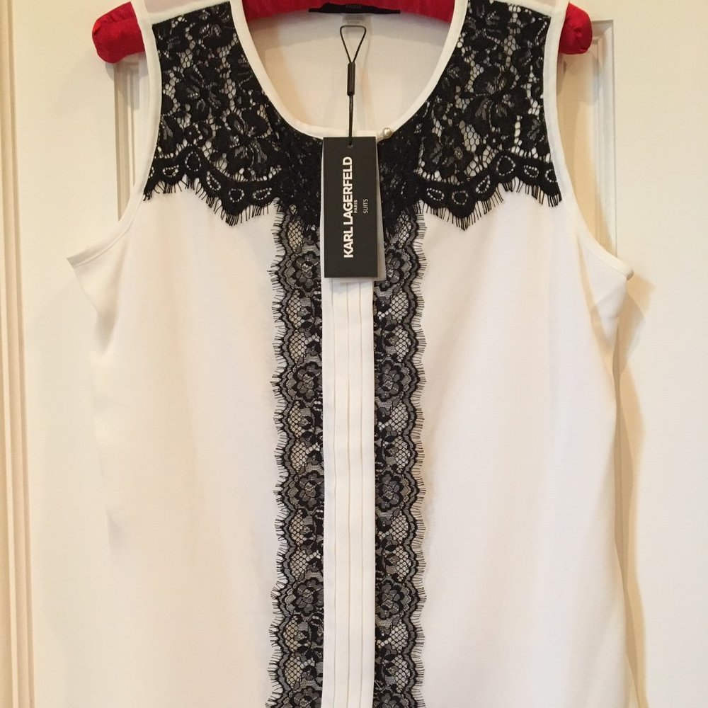 NWT - Karl Lagerfeld white top with black lace